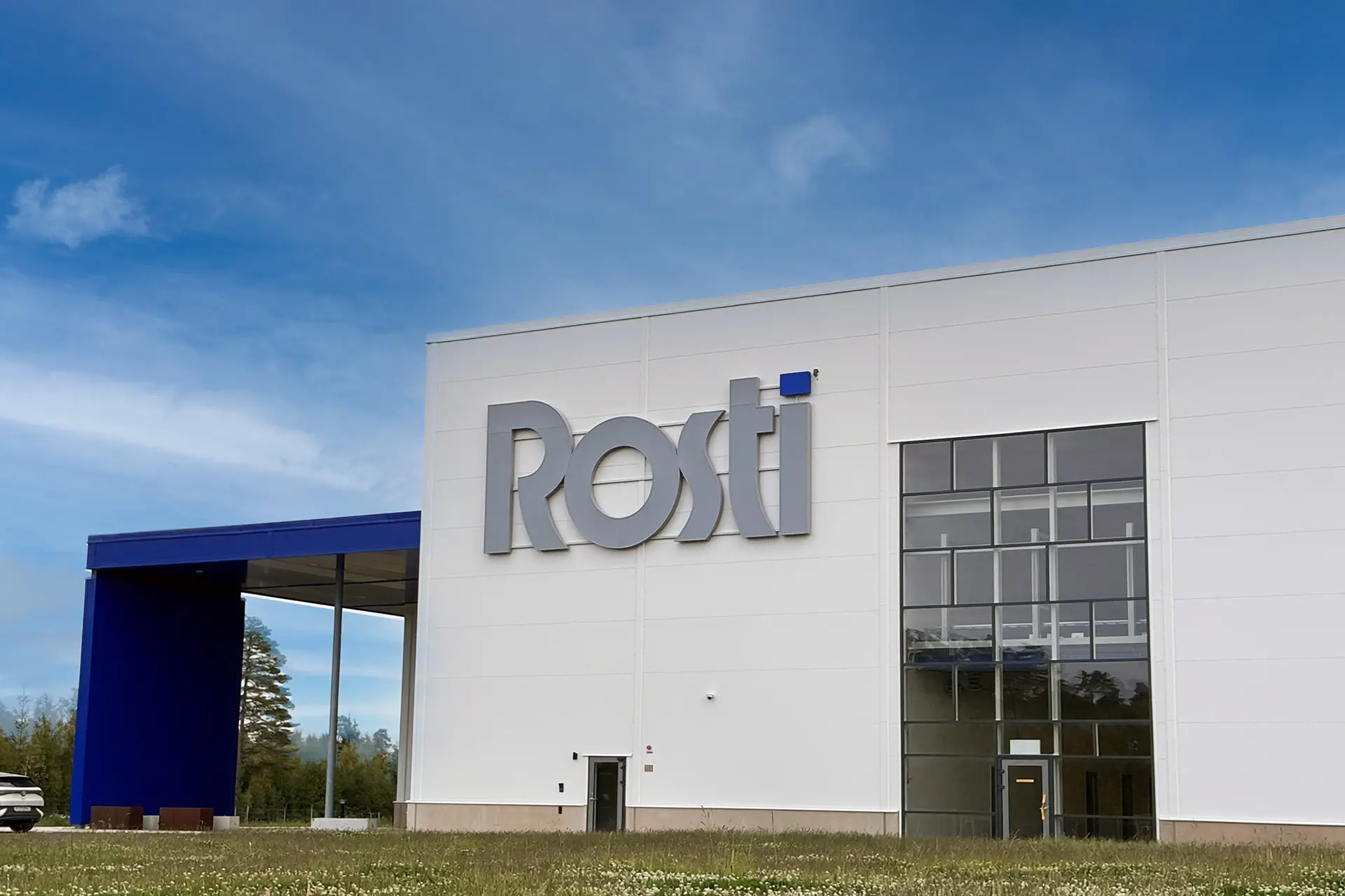 white and blue factory in gislaved.