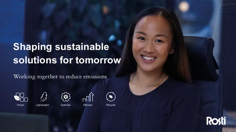 Female staff smiling. Text: Shaping sustainable solutions fo tomorrow